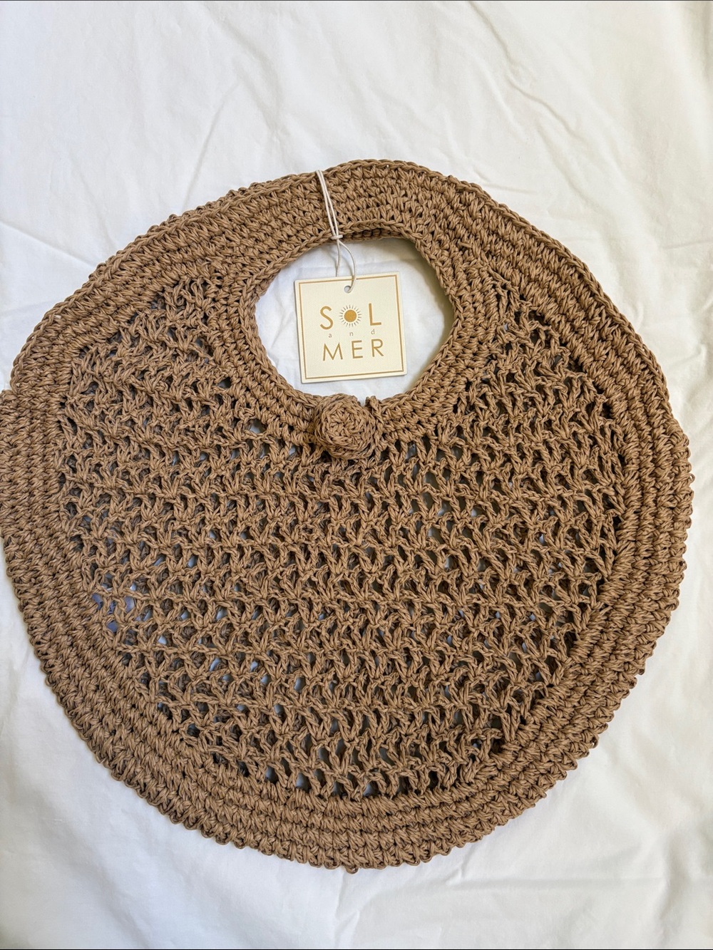 NWT SOL and MER Round Paper Raffia Crochet Tote Bag Dark Natural